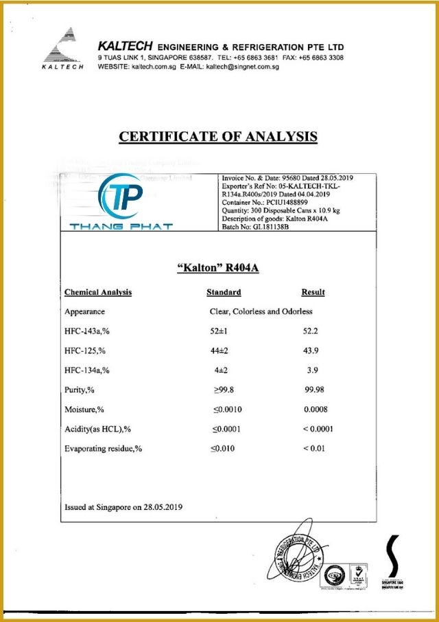 Chứng nhận chất lượng gas lạnh R404a Kalton
