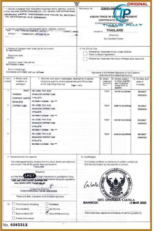 Chứng nhận xuất xứ của ống đồng Thái Lan LHCT phi 10