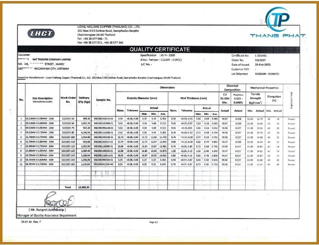 Chứng nhận chất lượng của ống đồng Thái Lan LHCT phi 10